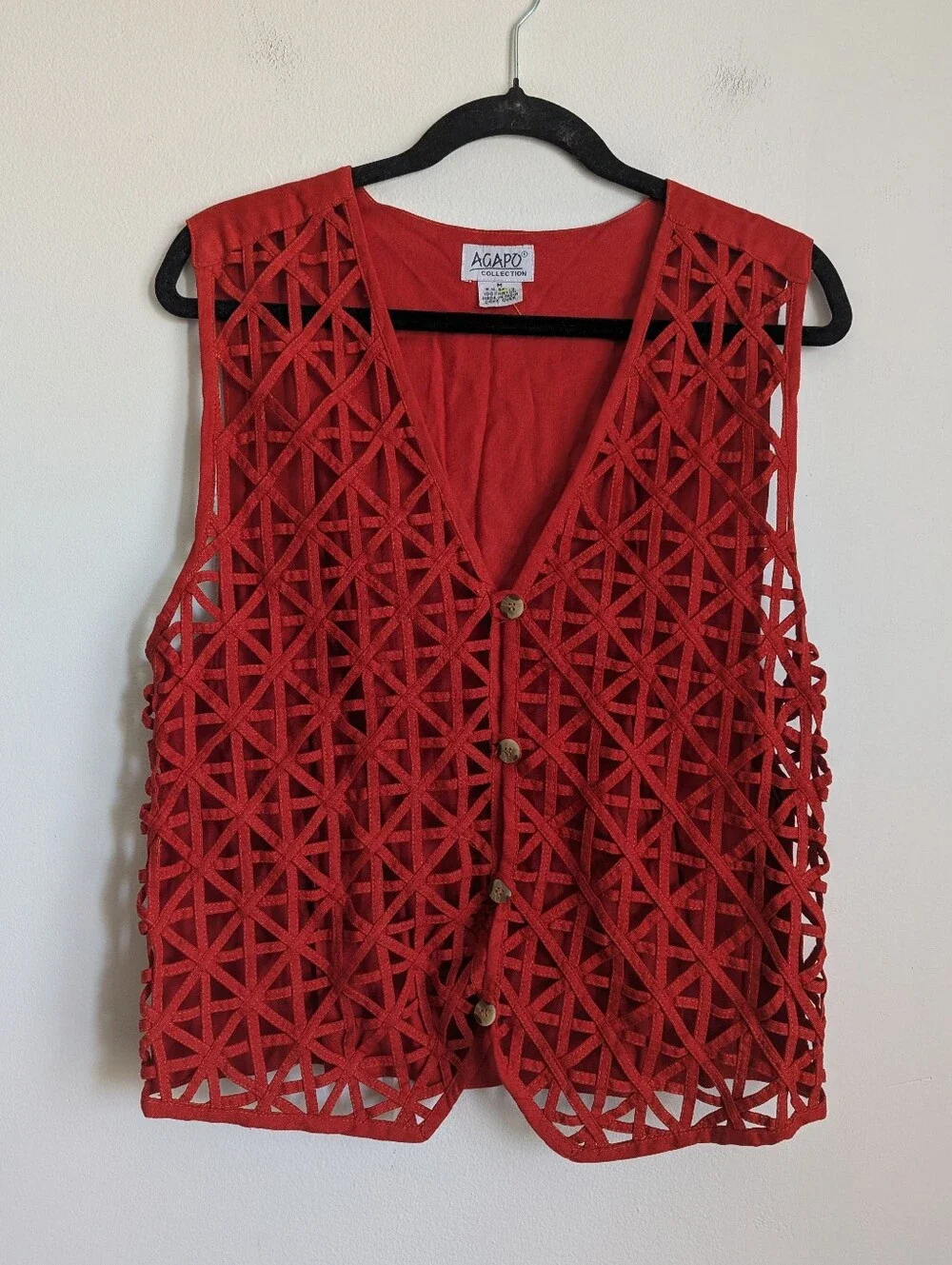 Vintage Indie Latticed Lazer Cut Lace Vest In Scarlet Orange Size M Boho